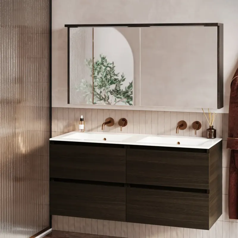 Betaalbaar Fontana Rovigo badmeubel 120cm kasteel bruin met witte wastafel zonder kraangaten en spiegelkast met verlichting