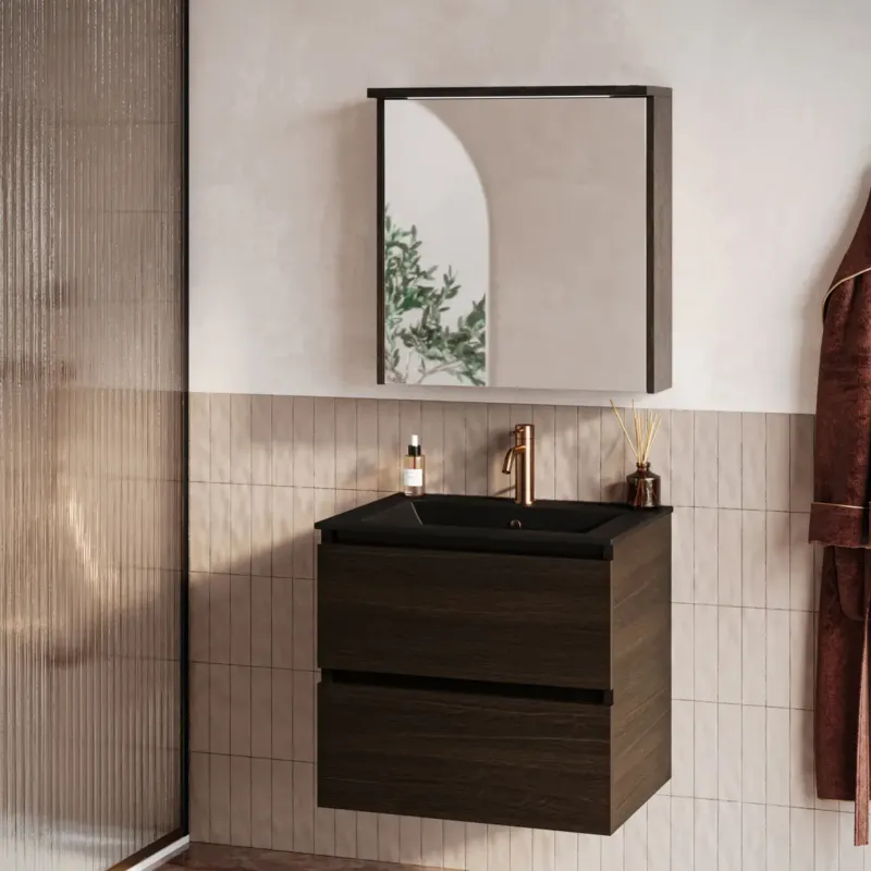 Hete Deal Fontana Rovigo badmeubel 60cm kasteel bruin met zwarte wastafel met kraangat en spiegelkast met verlichting