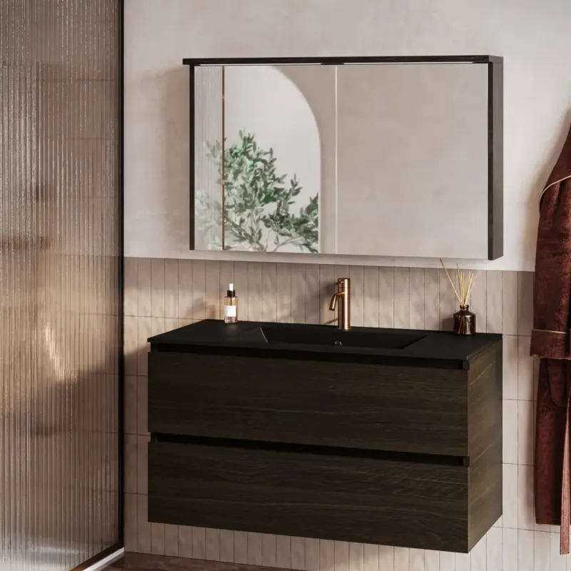 Direct Verzonden Fontana Rovigo badmeubel 100cm kasteel bruin met zwarte wastafel met kraangat en spiegelkast met verlichting