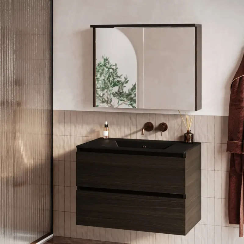 Exclusieve Aanbieding Fontana Rovigo badmeubel 80cm kasteel bruin met zwarte wastafel zonder kraangat en spiegelkast met verlichting