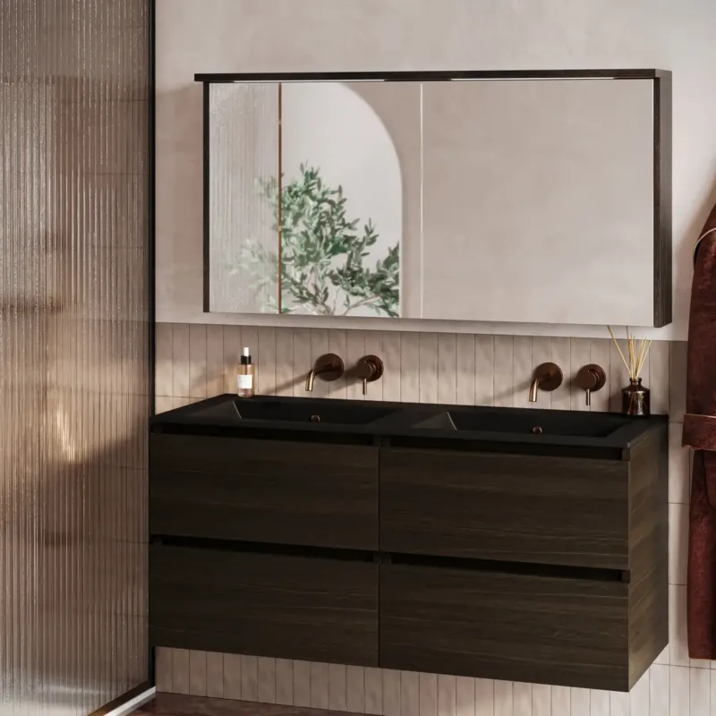 Bestel Nu Fontana Rovigo badmeubel 120cm kasteel bruin met zwarte wastafel zonder kraangaten en spiegelkast met verlichting