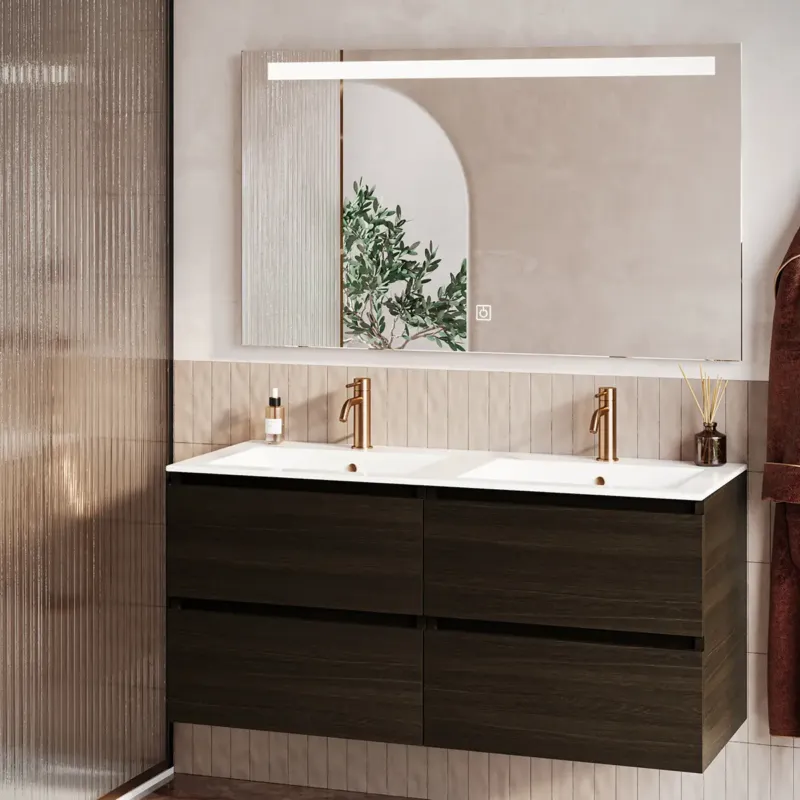 Lage Prijs Fontana Rovigo badmeubel 120cm kasteel bruin met witte wastafel met kraangaten en spiegel met verlichting