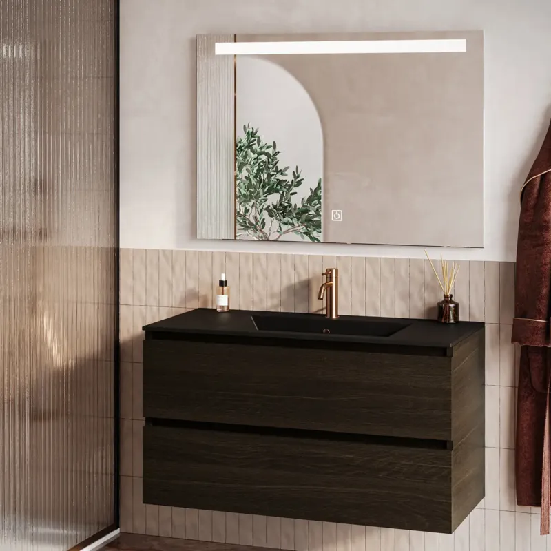 Koop Vandaag Fontana Rovigo badmeubel 100cm kasteel bruin met zwarte wastafel met kraangat en spiegel met verlichting