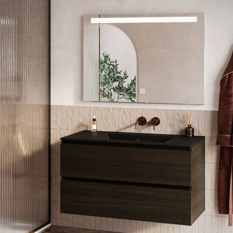 Fontana Rovigo badmeubel 100cm kasteel bruin met zwarte wastafel zonder kraangat en spiegel met verlichting Snelle Levering