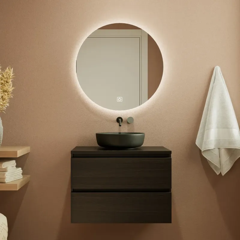 Fontana Proma badkamermeubel 80cm met zwarte waskom en LED spiegel kasteel bruin Exclusieve Aanbieding