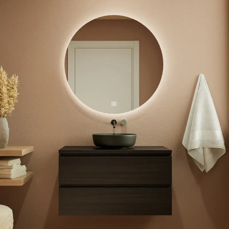 Fontana Proma badkamermeubel 100cm met zwarte waskom en LED spiegel kasteel bruin Voordeelprijs