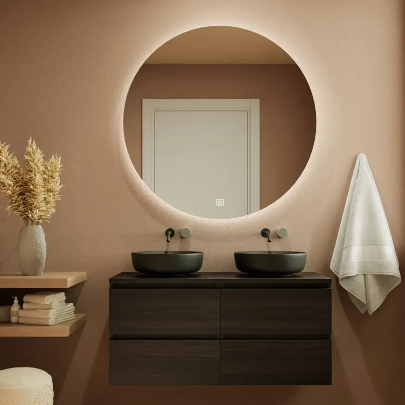 Fontana Proma badkamermeubel 120cm met zwarte waskommen en LED spiegel kasteel bruin Uitverkoop