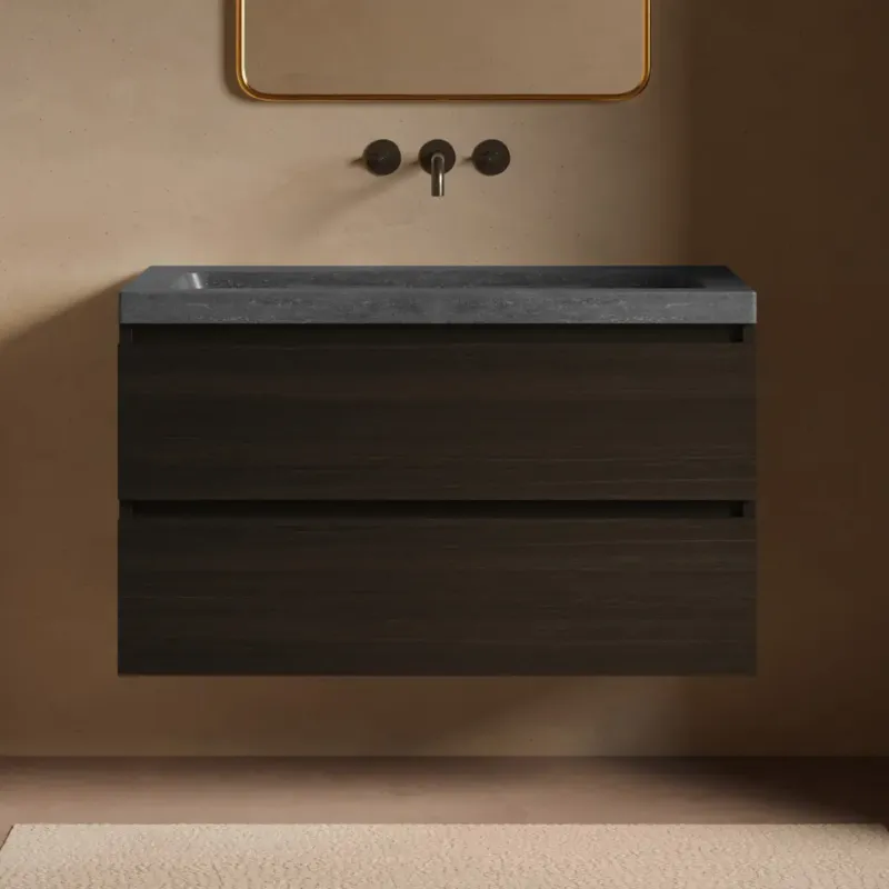 Gereduceerde Prijs Fontana Freestone badkamermeubel kasteel bruin 100cm met natuurstenen wastafel zonder kraangat