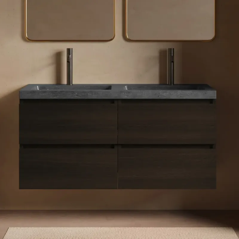 Flitsaanbieding Fontana Freestone badkamermeubel kasteel bruin 120cm met natuurstenen wastafel 2 kraangaten