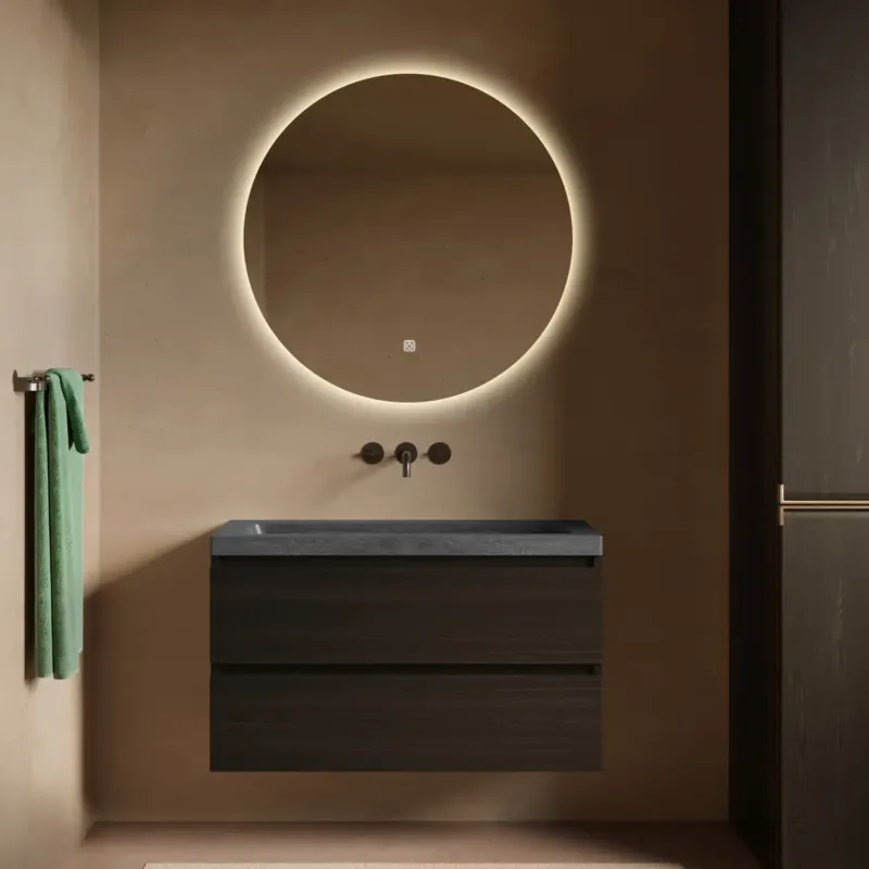 Favoriet Fontana Freestone badkamermeubel kasteel bruin 100cm met natuurstenen wastafel zonder kraangat en ronde spiegel