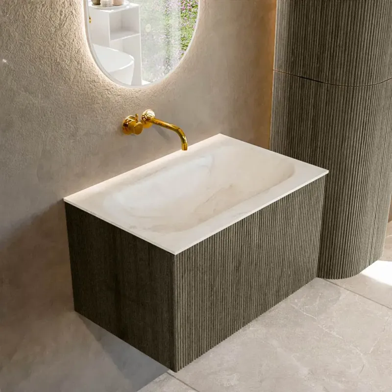 Mondiaz Kurve-dlux 70cm badmeubel shadow met 1 lade en wastafel big small midden zonder kraangat ostra Koopje