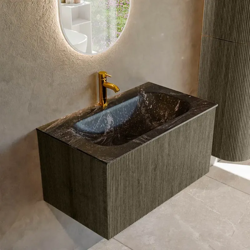 Mondiaz Kurve-dlux 80cm badmeubel shadow met 1 lade en wastafel big small midden 1 kraangat lava Direct Verzonden