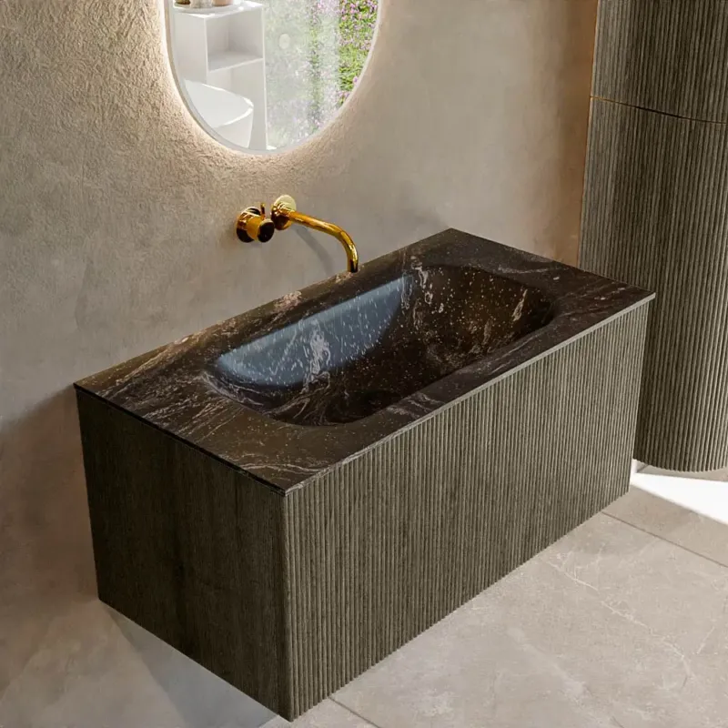Fabrieksprijs Mondiaz Kurve-dlux 90cm badmeubel shadow met 1 lade en wastafel big small midden zonder kraangat lava