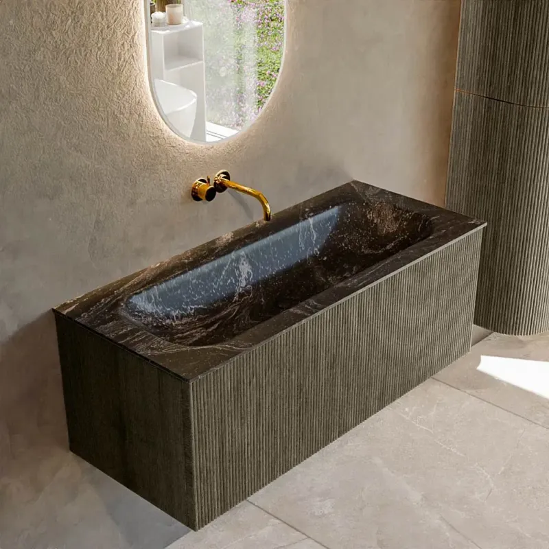 Mondiaz Kurve-dlux 110cm badmeubel shadow met 1 lade en wastafel big medium midden zonder kraangat lava Bestseller