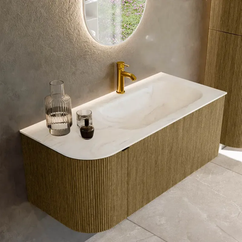 Mondiaz Kurve-dlux 105cm badmeubel ronding links dusk met 1 lade en deur en wastafel big small kraangat rechts ostra Must-Have