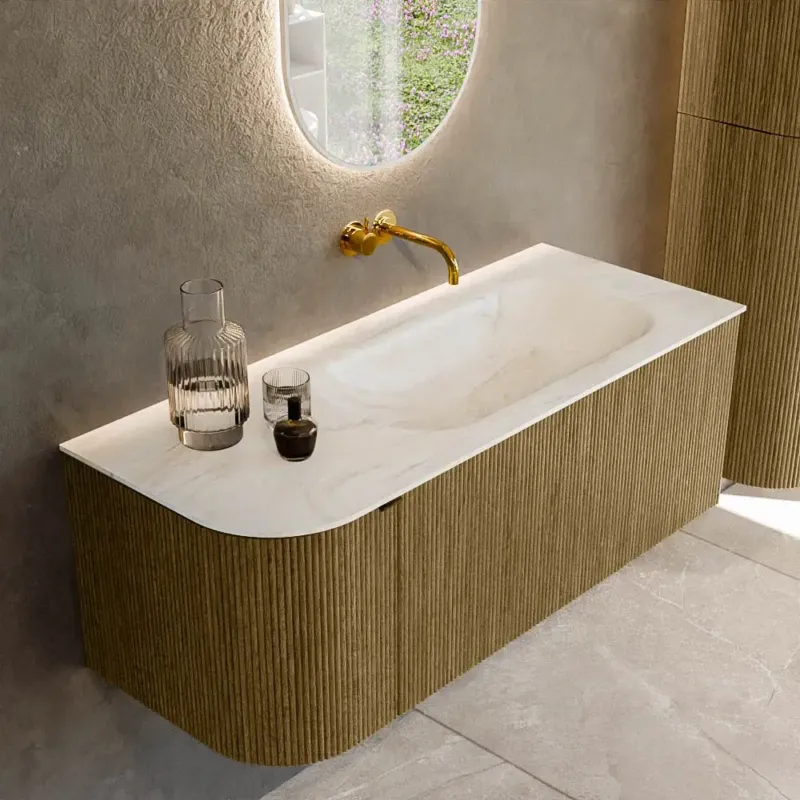 Mondiaz Kurve-dlux 115cm badmeubel ronding links dusk met 1 lade en deur en wastafel big small rechts zonder kraangat ostra Betaalbaar