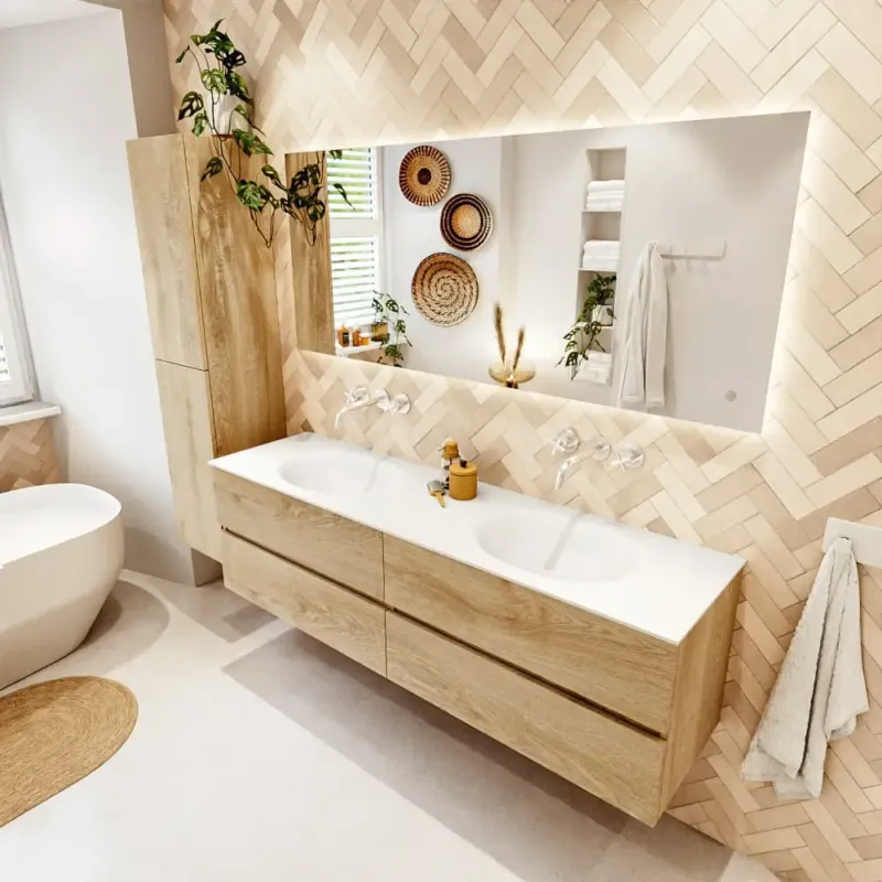 Mondiaz Vica badmeubel 170cm washed oak 4 lades met wastafel moon dubbel zonder kraangat Hete Deal