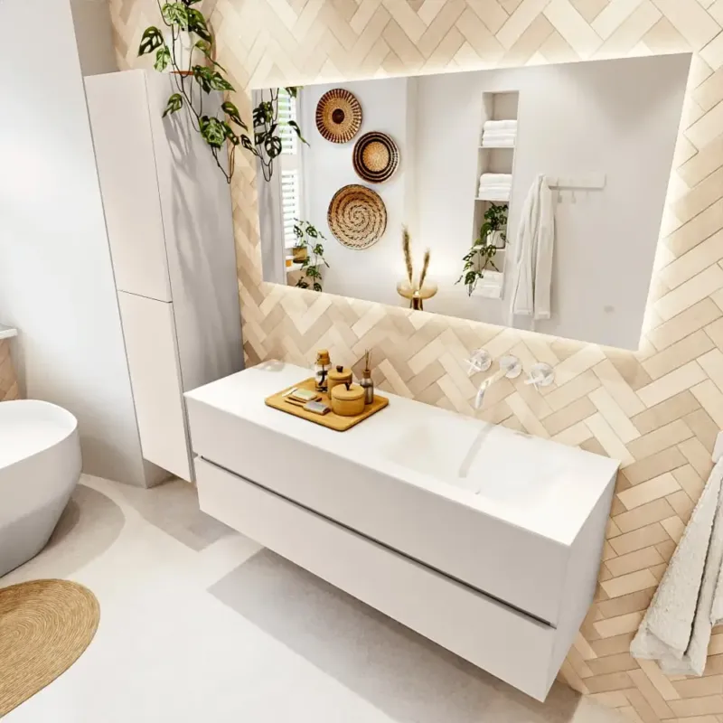 Mondiaz Vica badmeubel 140cm linen 2 lades met wastafel cloud rechts zonder kraangat Bestseller