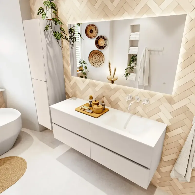 Mondiaz Vica badmeubel 140cm linen 4 lades met wastafel cloud rechts zonder kraangat Exclusieve Aanbieding