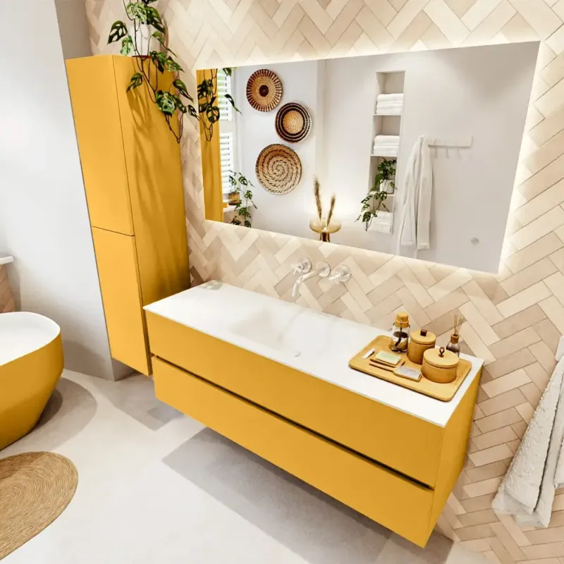 Beste Prijs Mondiaz Vica badmeubel 140cm ocher 2 lades met wastafel cloud midden zonder kraangat