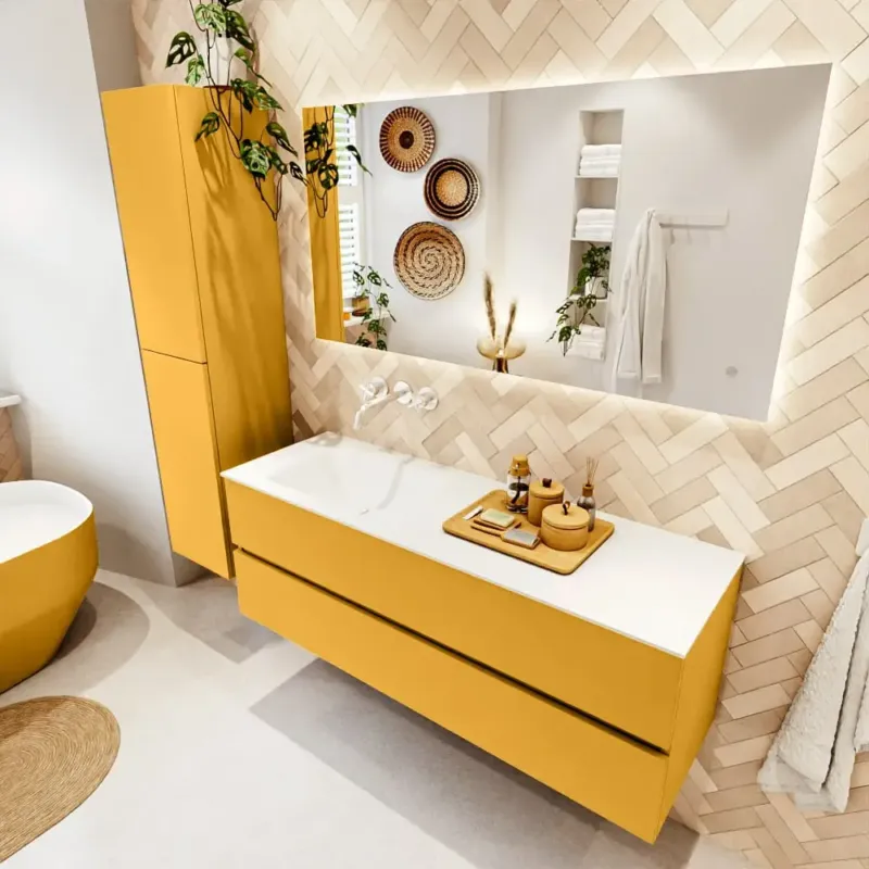 Speciale Aanbieding Mondiaz Vica badmeubel 140cm ocher 2 lades met wastafel cloud links zonder kraangat