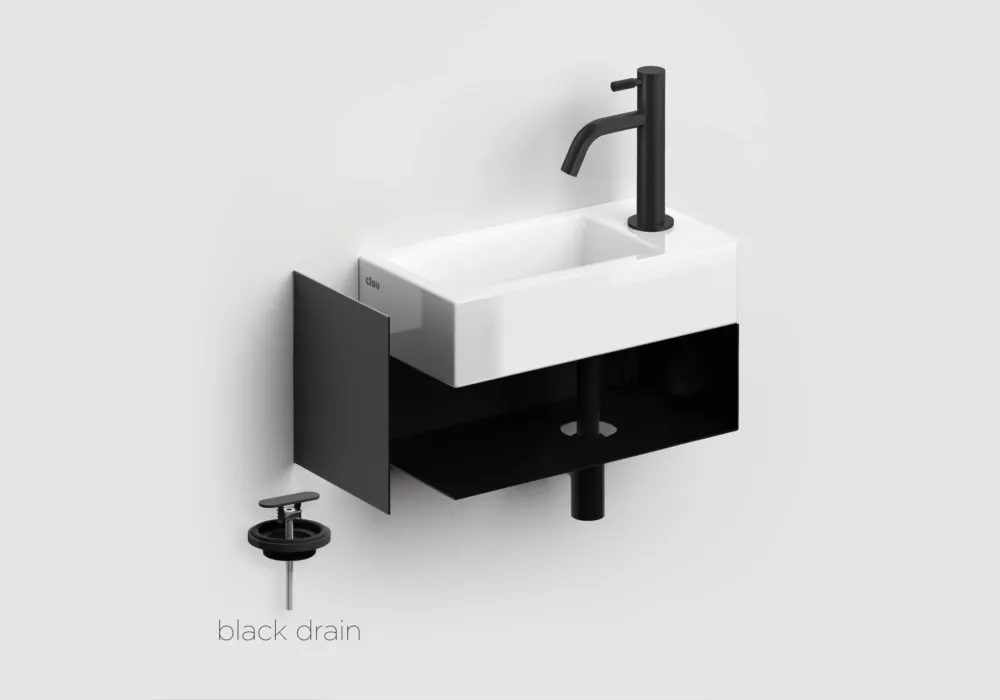 Clou Flush 3 keramische fontein wit glans met open kast en Freddo toiletkraan zwart mat Merkproduct