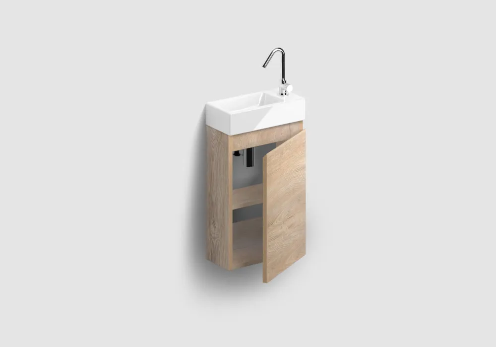 Snelle Levering Clou InBe eiken toiletmeubel met keramische fontein wit glans en toiletkraan chroom