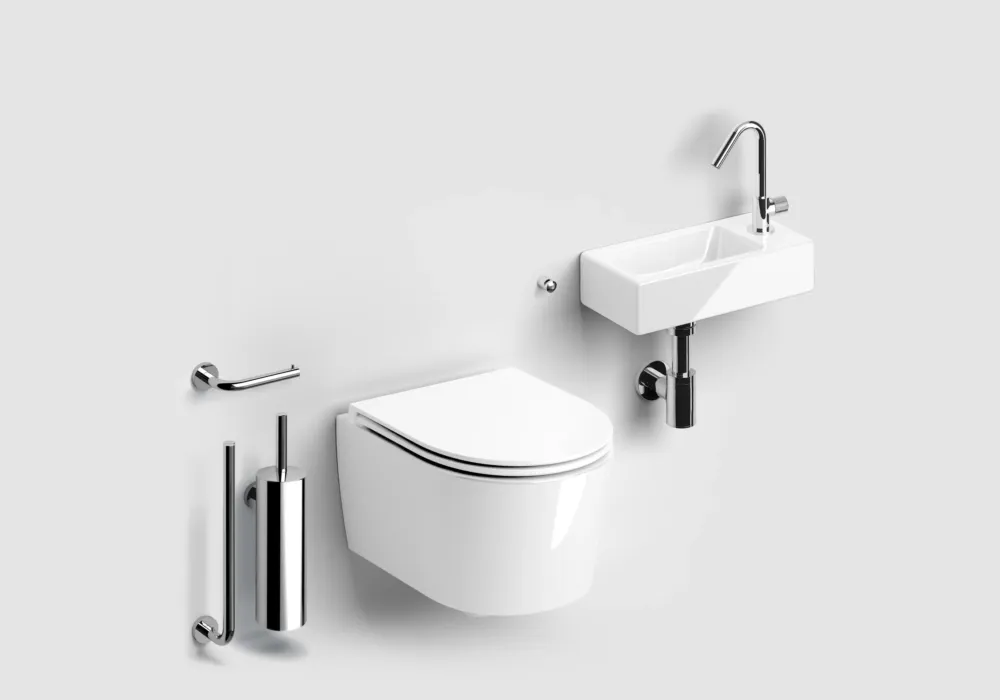 Clou InBe toiletruimte set met randloos toilet, fonteinset en chromen accessoires Shop Nu