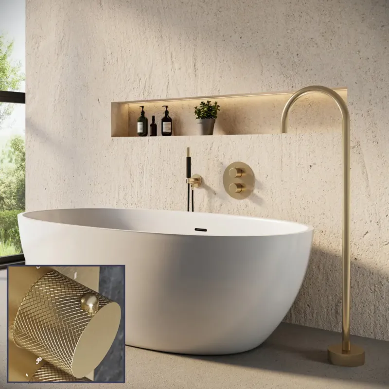 Saniclear Brass Curved Pro inbouw badkraan rond met vrijstaande uitloop geborsteld messing - mat goud Gratis Retour