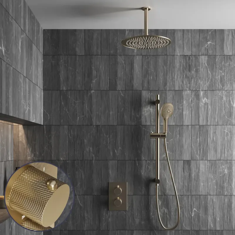 Saniclear Brass Curved inbouw regendouche met 30cm hoofddouche, plafondarm, 2 standen handdouche en glijstang geborsteld messing - mat goud Nu Kopen
