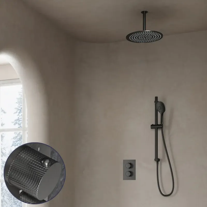 Gecertificeerd Saniclear Iron Curved inbouw regendouche met 30cm hoofddouche, plafondarm, 2 standen handdouche en glijstang verouderd ijzer - gunmetal