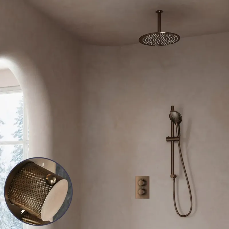 Aanbieding Saniclear Antique Curved inbouw regendouche met 30cm hoofddouche, plafondarm, 2 standen handdouche en glijstang verouderd messing