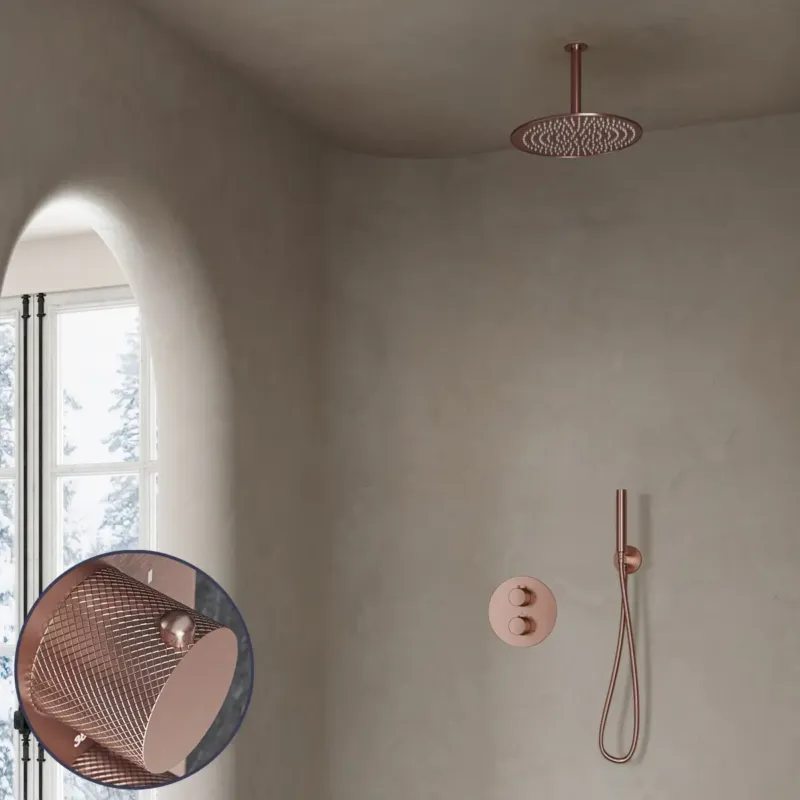 Saniclear Copper Curved inbouw regendouche rond met 20cm hoofddouche en plafondarm geborsteld koper Laatste Kans