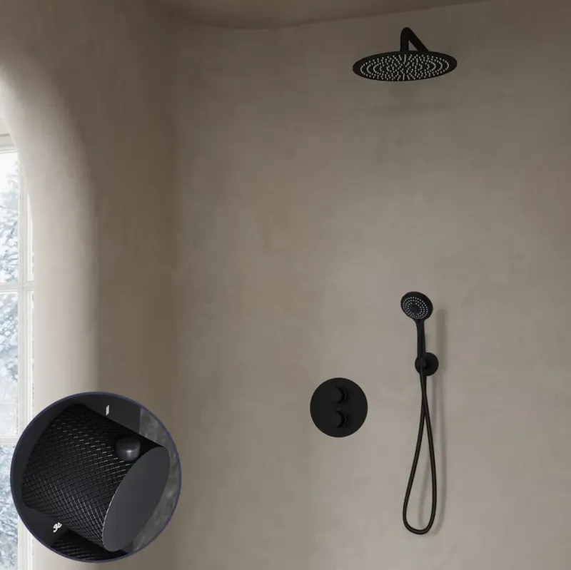 Direct Beschikbaar Saniclear Nero Curved inbouw regendouche rond met 30cm hoofddouche, muurarm en 3 standen handdouche zwart mat