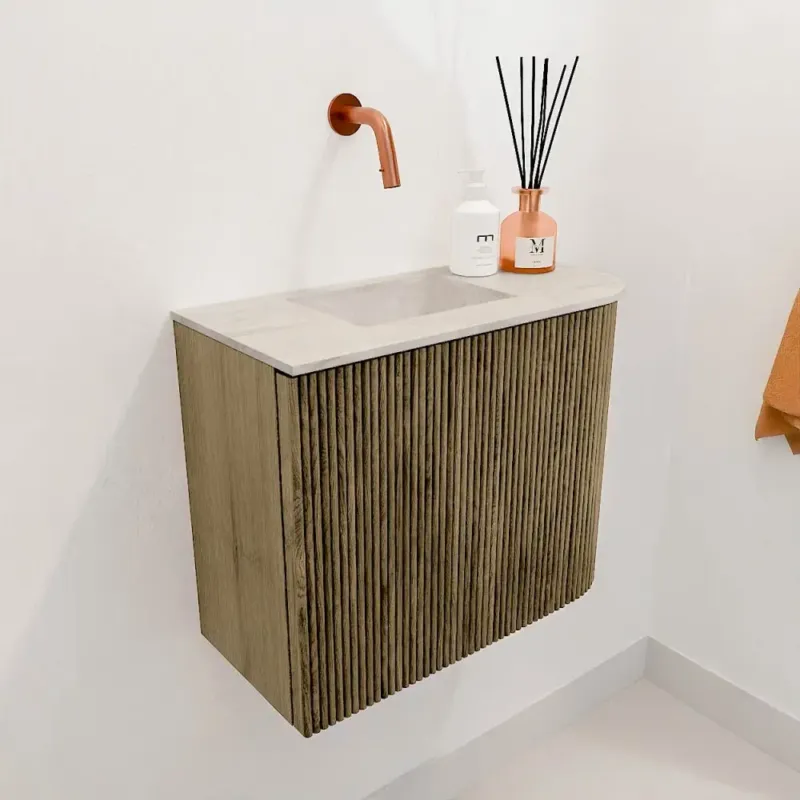 Mondiaz Joya DLux 50cm toiletmeubel ronding rechts dusk met wastafel faye links zonder kraangat ostra Beperkte Voorraad