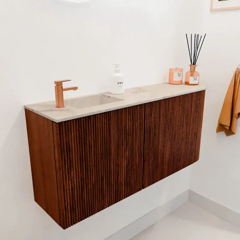 Mondiaz Joya DLux 90cm toiletmeubel ronding rechts ruby met wastafel faye links 1 kraangat frappe Flitsaanbieding