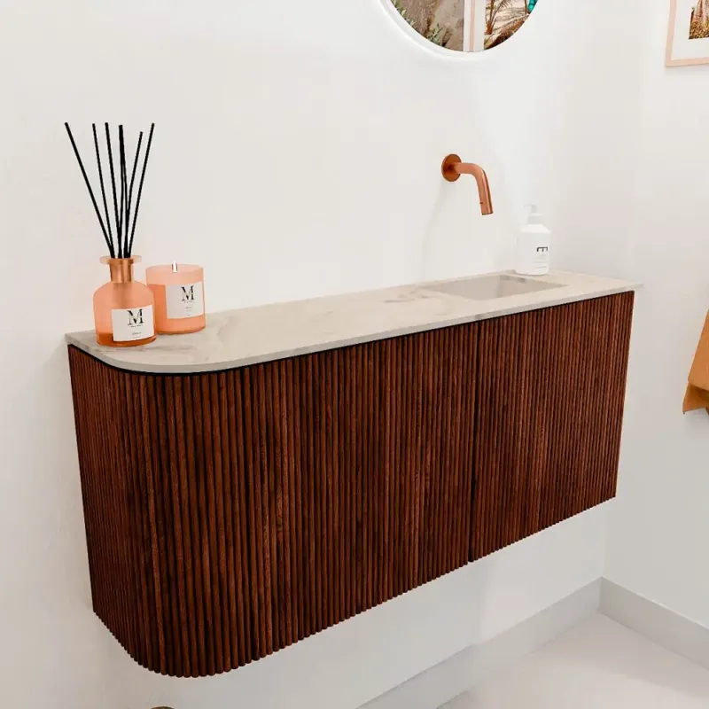 Lage Kosten Mondiaz Joya DLux 90cm toiletmeubel ronding links ruby met wastafel faye rechts zonder kraangat frappe