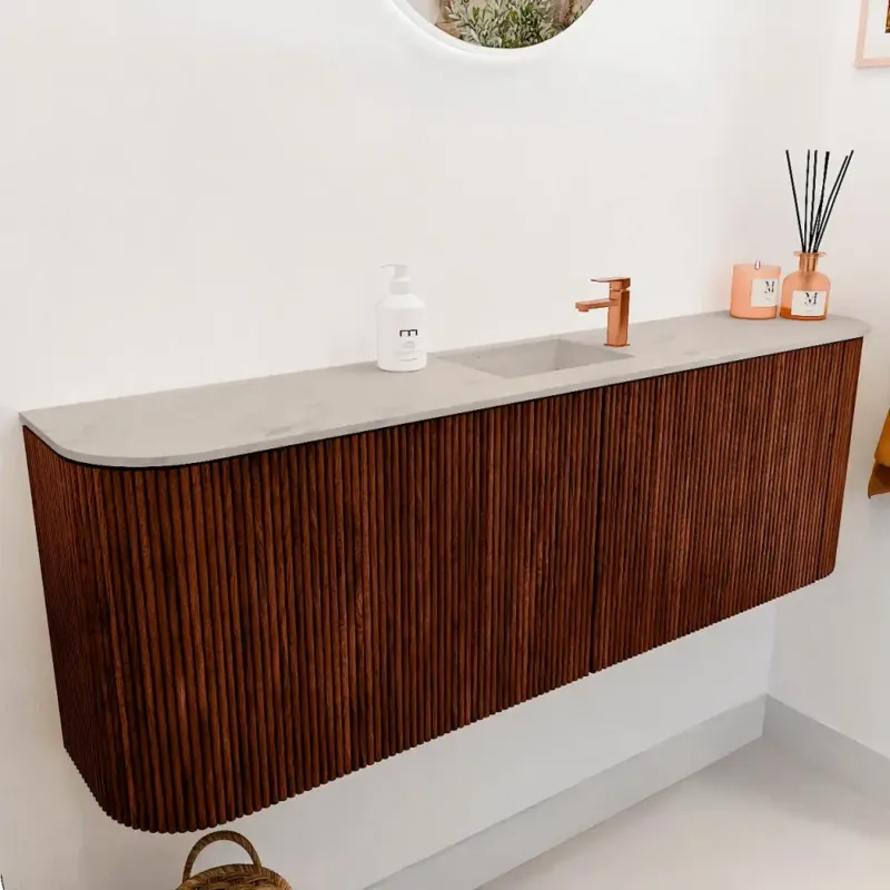 Lage Prijs Mondiaz Joya DLux 125cm toiletmeubel ronding links/rechts ruby met wastafel faye midden 1 kraangat opalo