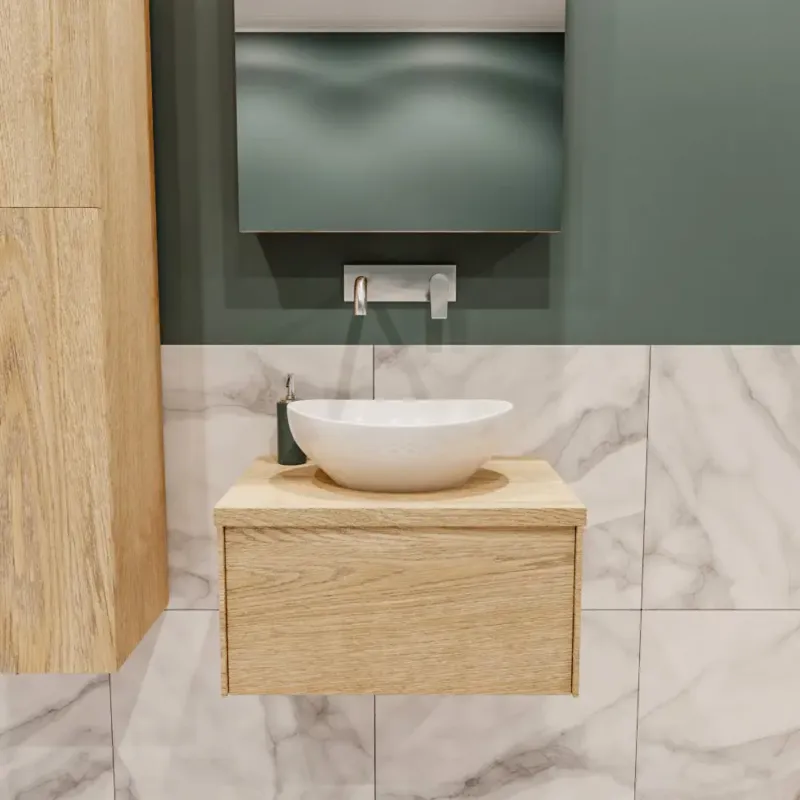 Koopje Zaro Lush badmeubel 60cm washed oak met 1 lade met ovale waskom midden zonder kraangat