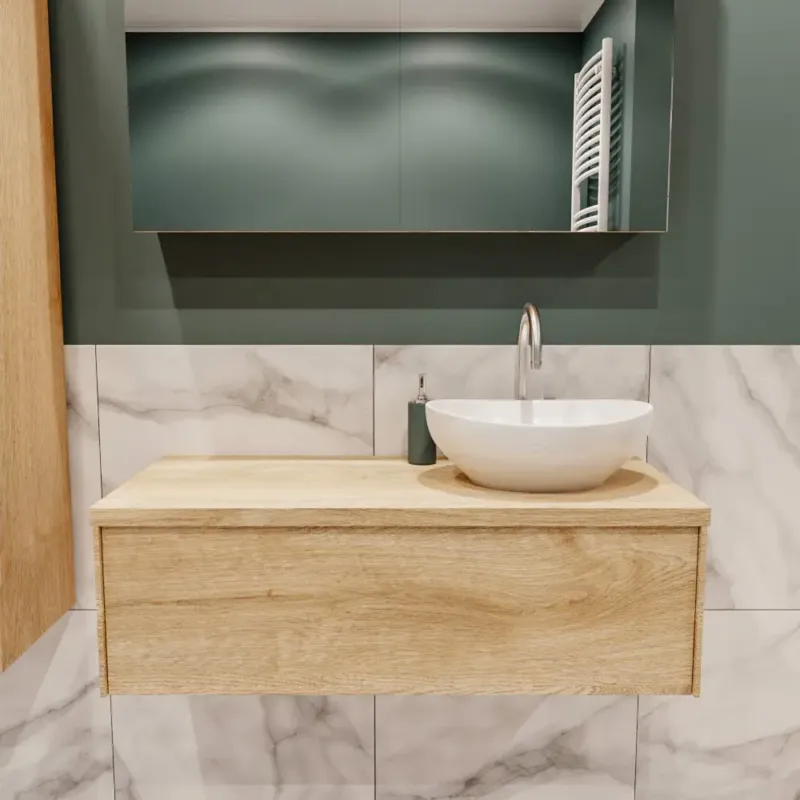 Bestel Nu Zaro Lush badmeubel 100cm washed oak met 1 lade met ovale waskom rechts met kraangat