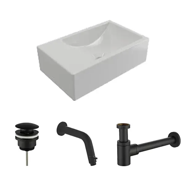 Plieger Houston fonteinset met witte fontein links en zwarte inbouwkraan Premium