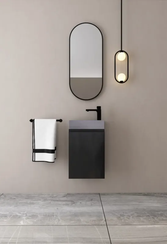 Flitsaanbieding MD Interior Eden toiletmeubel zwart mangohout rechts met betonnen fontein rechts