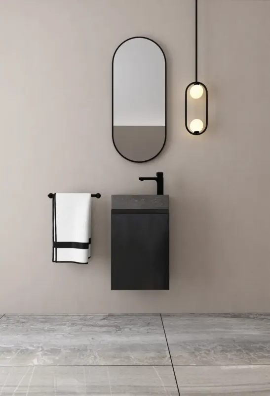 Hoge Kwaliteit MD Interior Eden toiletmeubel zwart mangohout links met natuurstenen fontein rechts
