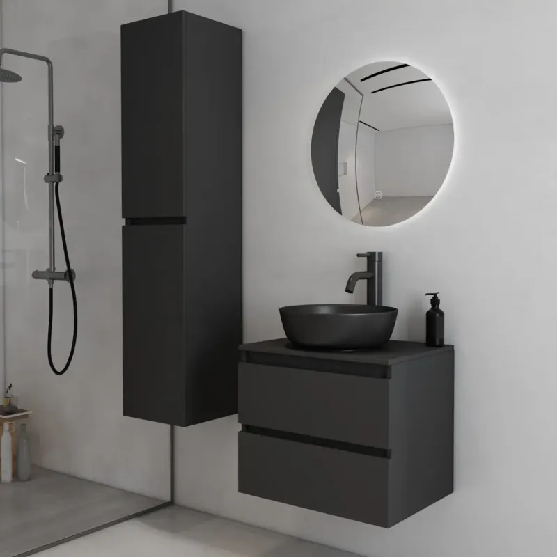 Must-Have Fontana Proma badkamermeubel 60cm met zwarte waskom en LED spiegel zwart mat