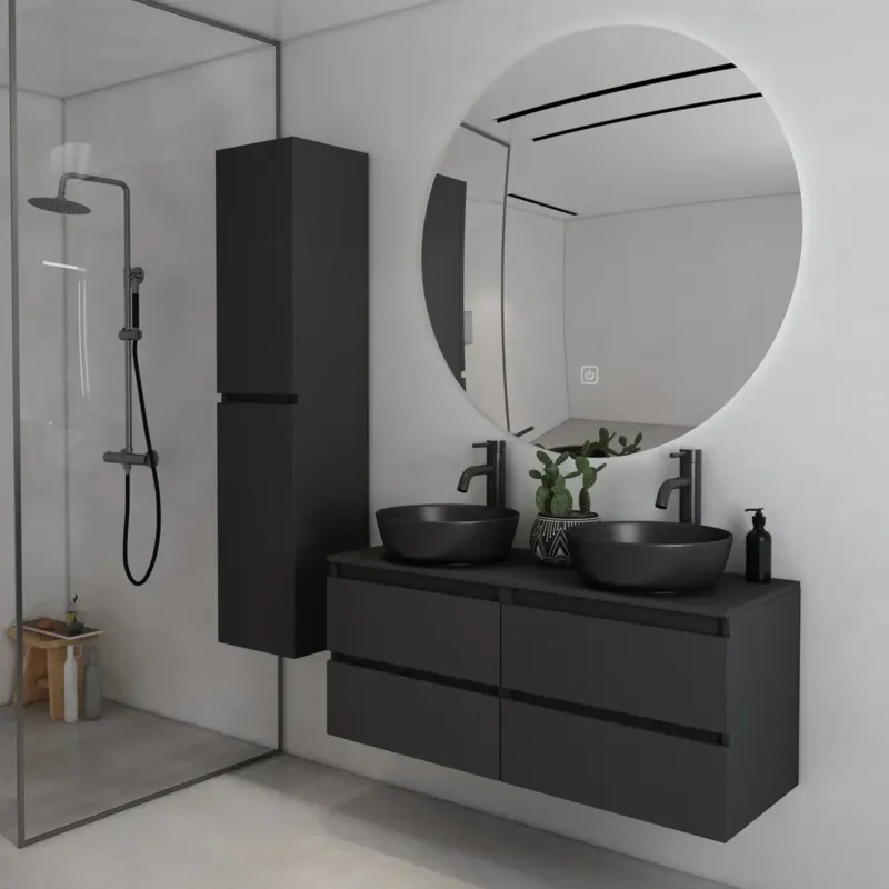 Fontana Proma badkamermeubel 120cm met zwarte waskommen en LED spiegel zwart mat Aanbieding