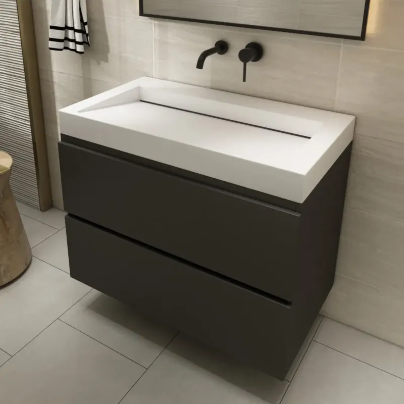 Fontana Elena badkamermeubel 80cm zwart met solid surface wastafel zonder kraangat Gratis Retour