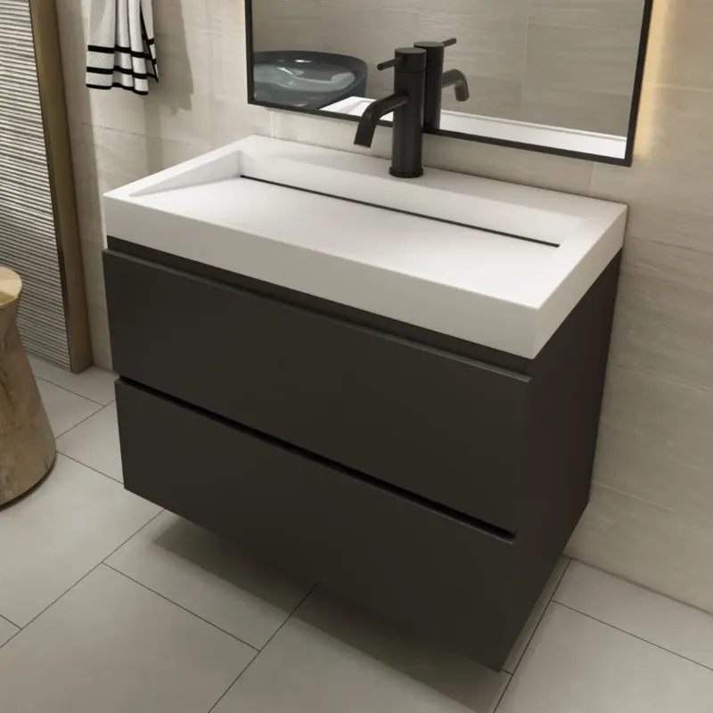 Korting Fontana Elena badkamermeubel 80cm zwart met solid surface wastafel 1 kraangat