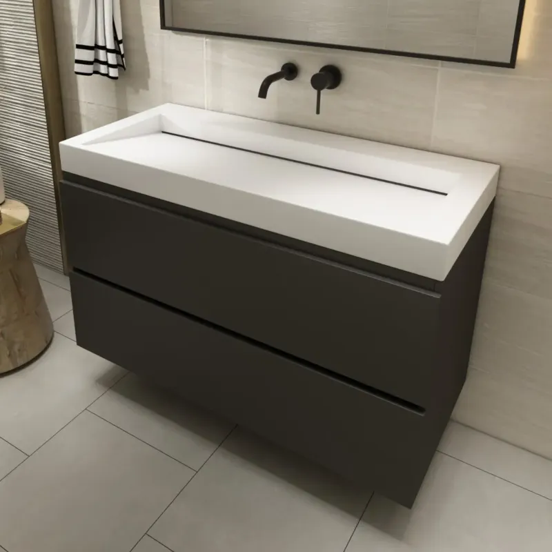 Fontana Elena badkamermeubel 100cm zwart met solid surface wastafel zonder kraangat Actieprijs