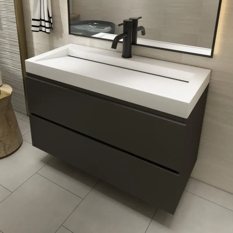 Fontana Elena badkamermeubel 100cm zwart met solid surface wastafel 1 kraangat Voordeelprijs