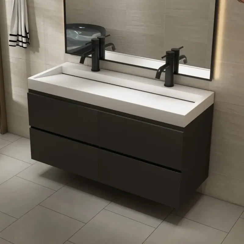 Fontana Elena badkamermeubel 120cm zwart met solid surface wastafel 2 kraangaten Aanbieding